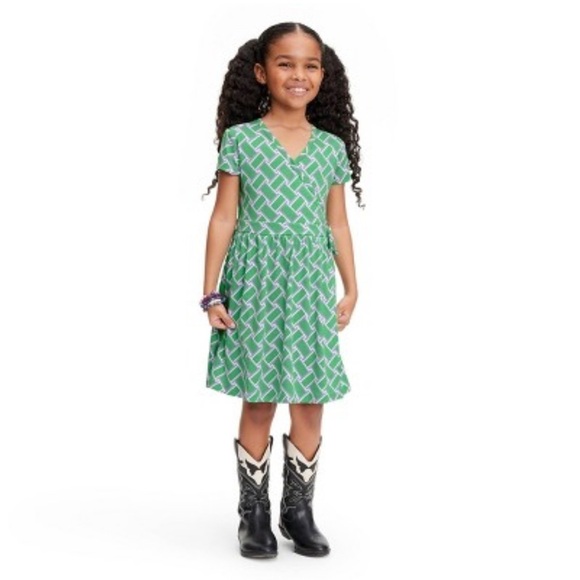 Kids' Short Sleeve Vintage Weave Green Faux Wrap Dress dvf for target new - Picture 2 of 7